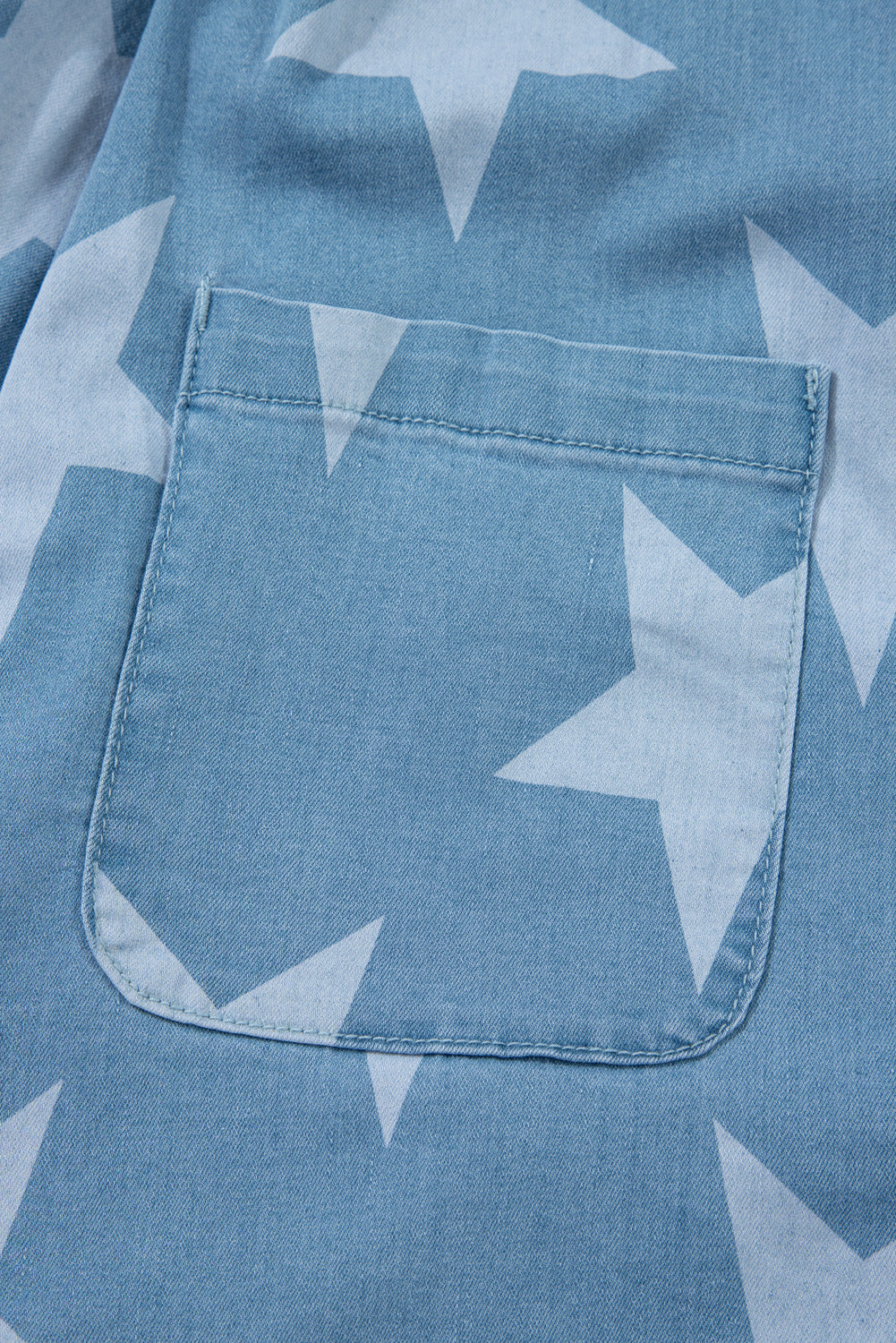 Star Printed Buttoned Straps Pocketed Denim Romper | Light Blue