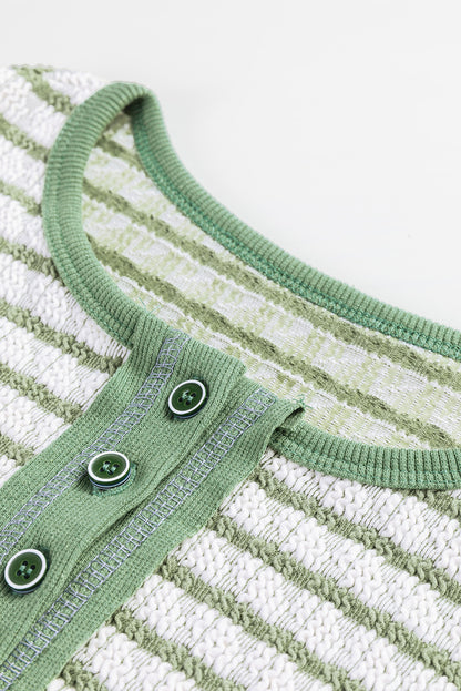 Textured Frilly Trim Buttons Henley Long Sleeve Top | Green Stripe