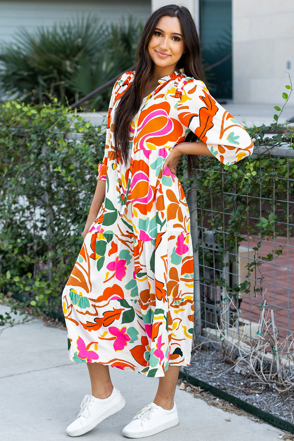 Floral Print Split V Neck Tiered Maxi Dress | Orange