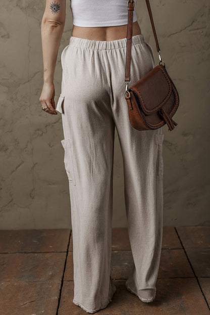 Boho Linen Drawstring Waist Raw Edge Cargo Loose Pants | Beige