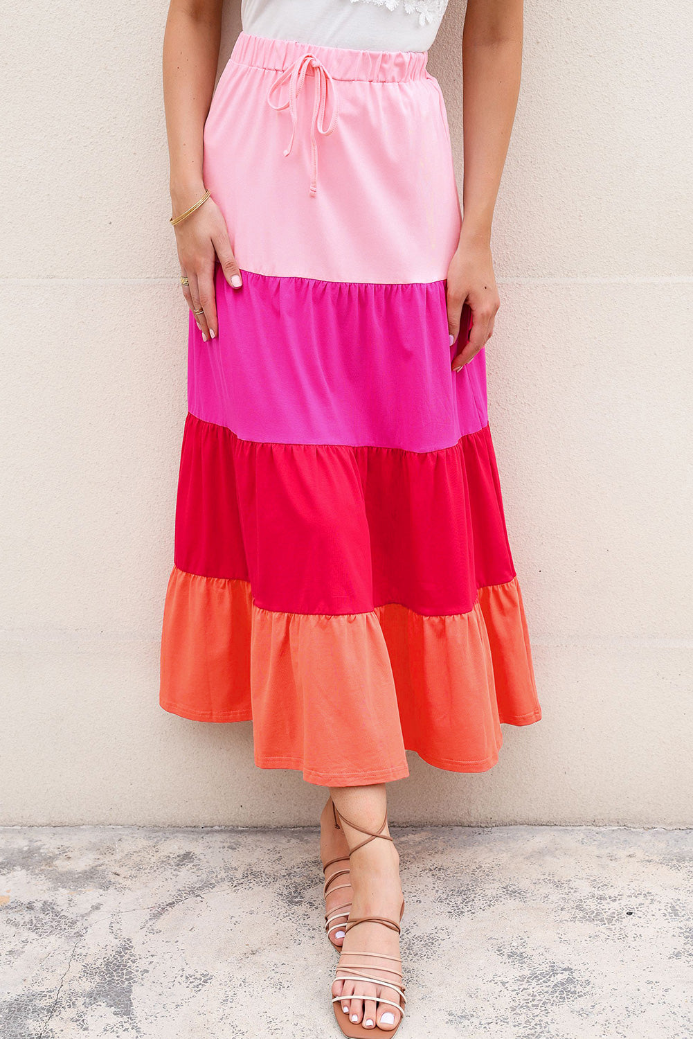 Colour Block Tiered Drawstring High Waist Maxi Skirt | Pink