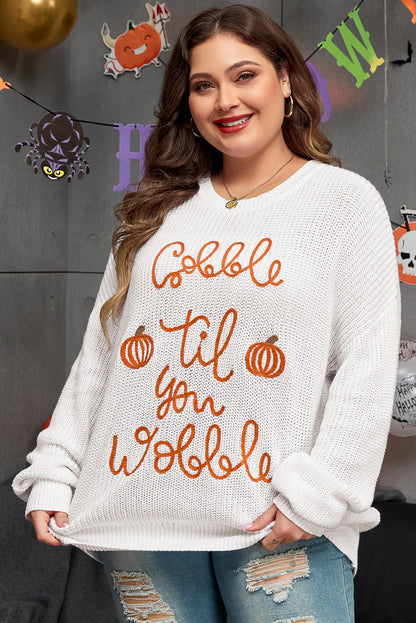 Gobble Til You Wobble Pop Up Crochet Plus Size Sweater | White