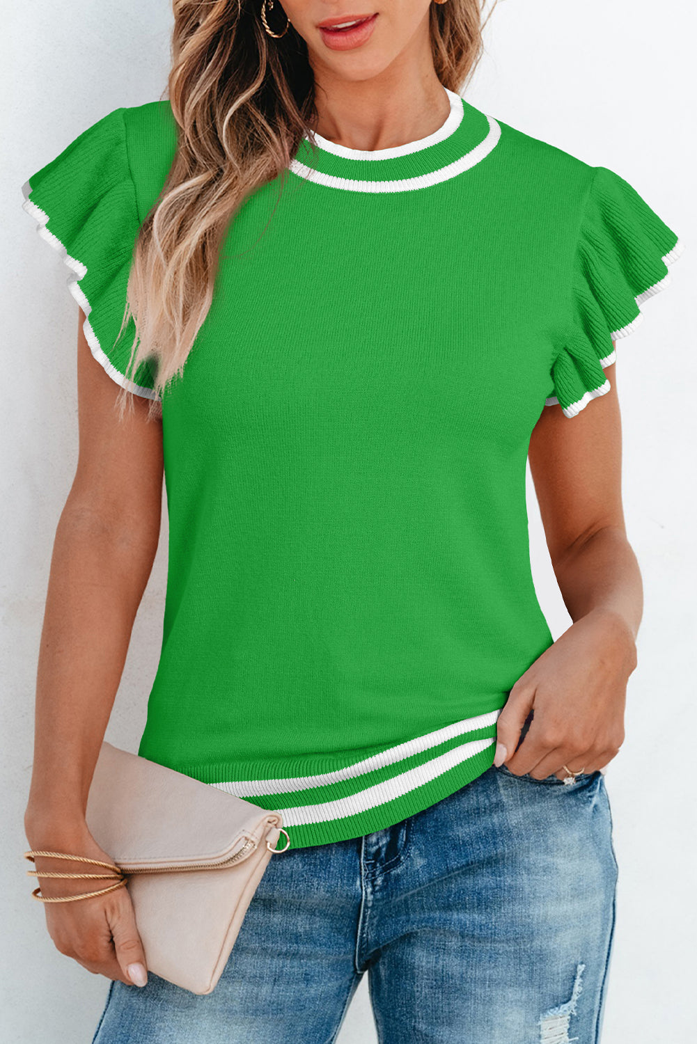 Edge Piping Ruffled Sleeve Round Neck Knit T Shirt | Bright Green