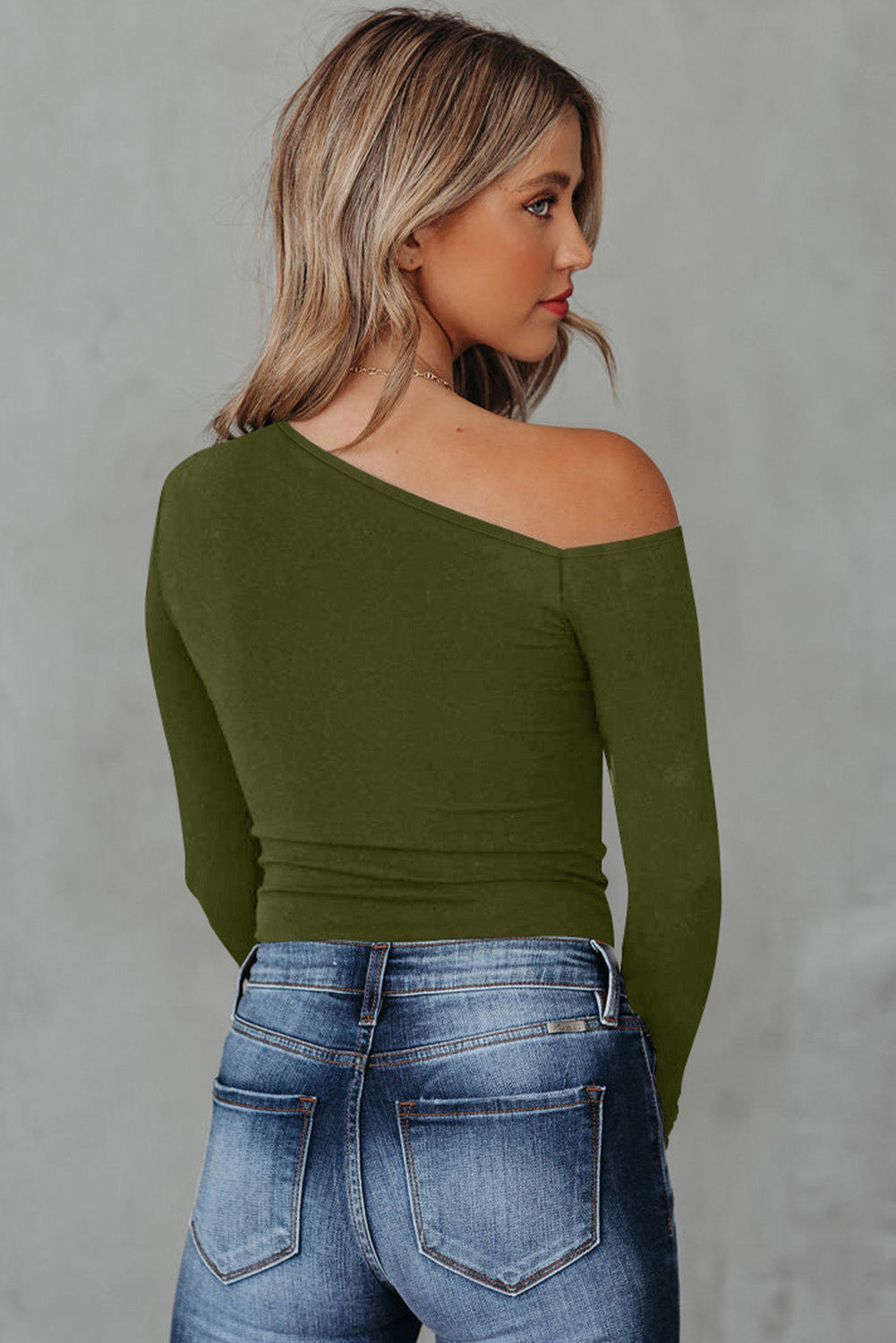 Asymmetrical Neckline Long Sleeve Knit Top | Green