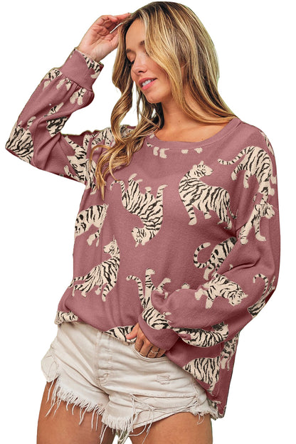 Lively Tiger Print Casual Sweatshirt | Rose Red