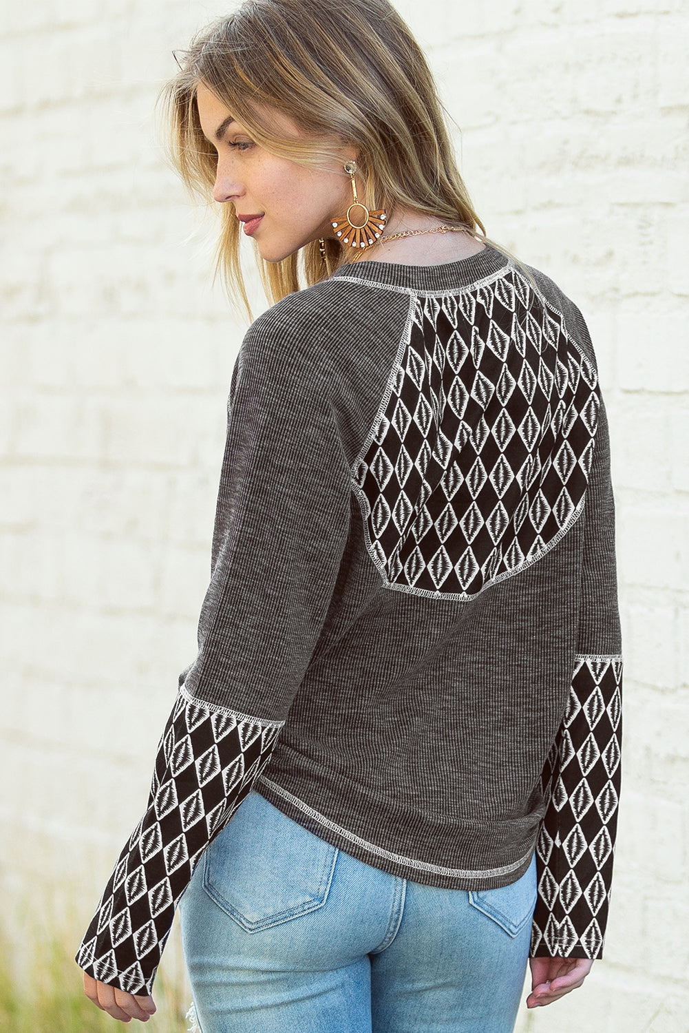 Aztec Patchwork Ribbed Long Sleeve Top | Gray