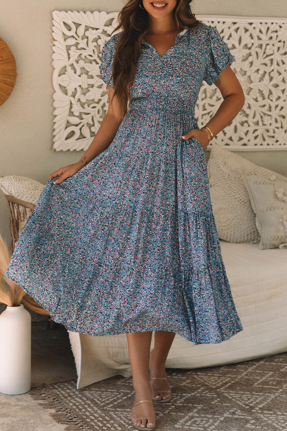 Printed V Neck Shirred Short Puff Sleeve Maxi Dress | Blue