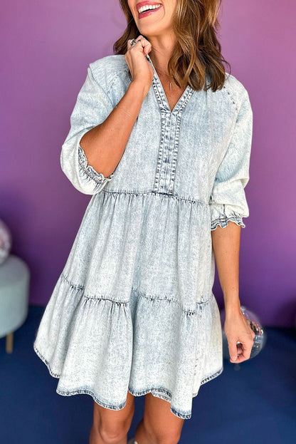 Acid Wash Retro Half Sleeve Flared Denim Dress | Dusk Blue