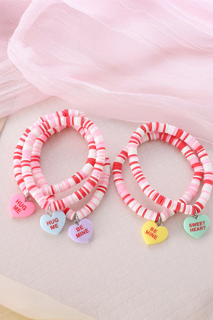 Heart Shape Charm Beaded Multi Layer Bracelet Set | Pink