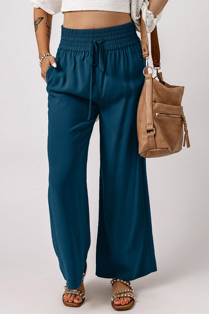 Drawstring Elastic Waist Casual Wide Leg Pants | Blue