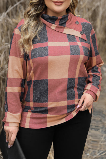 Plus Size Plaid Print Button Decor Asymmetric Neck Top | Mineral Red