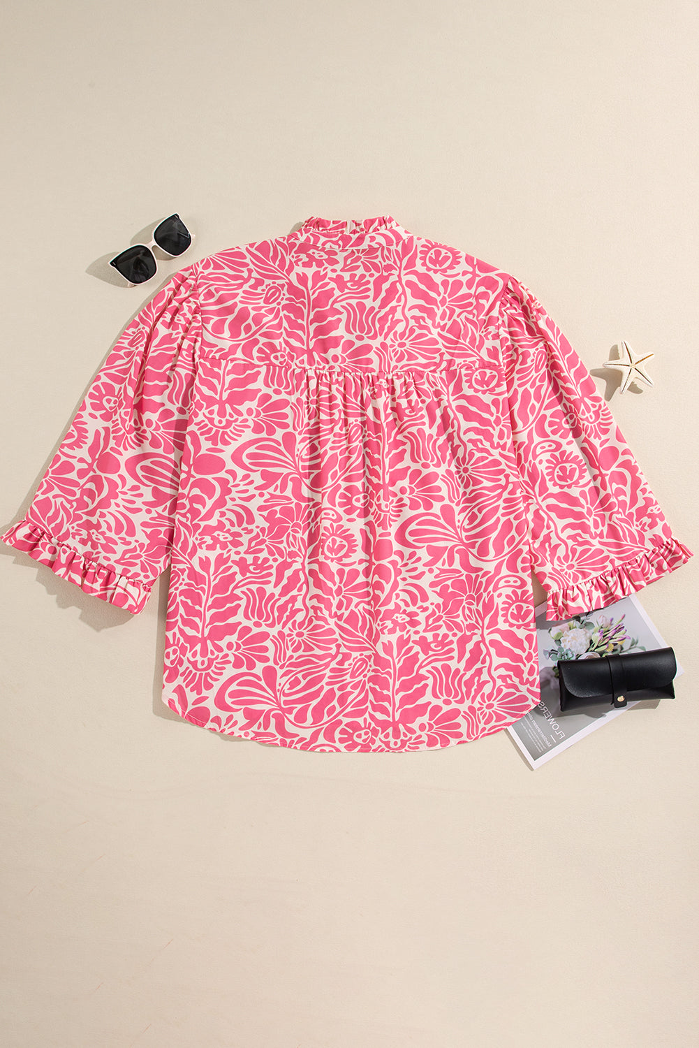 Plus Size Floral Print Frilled Neck Puff Sleeve Top | Pink