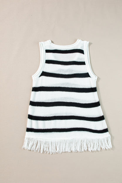 Loose Knit Fringe Tank Top | Beige Stripe