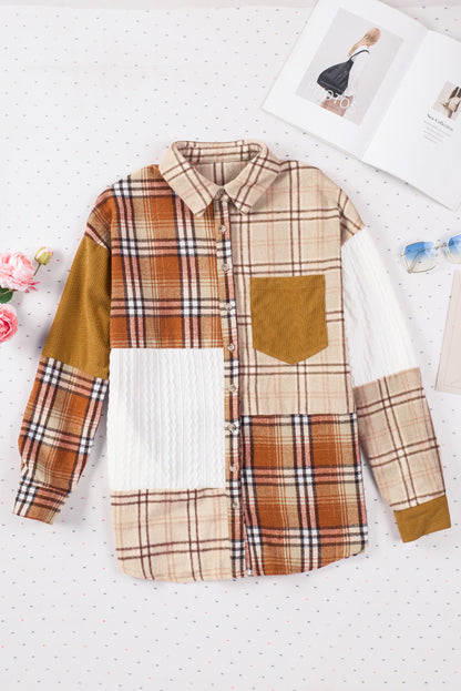 Plaid Colour Block Patchwork Shirt Jacket With Pocket | Orange