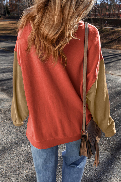 Two Tone Patchwork Drop Shoulder Pullover Sweatshirt | Gold Flame