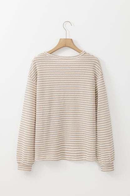 Round Neck Drop Shoulder Long Sleeve Top | Khaki Stripe