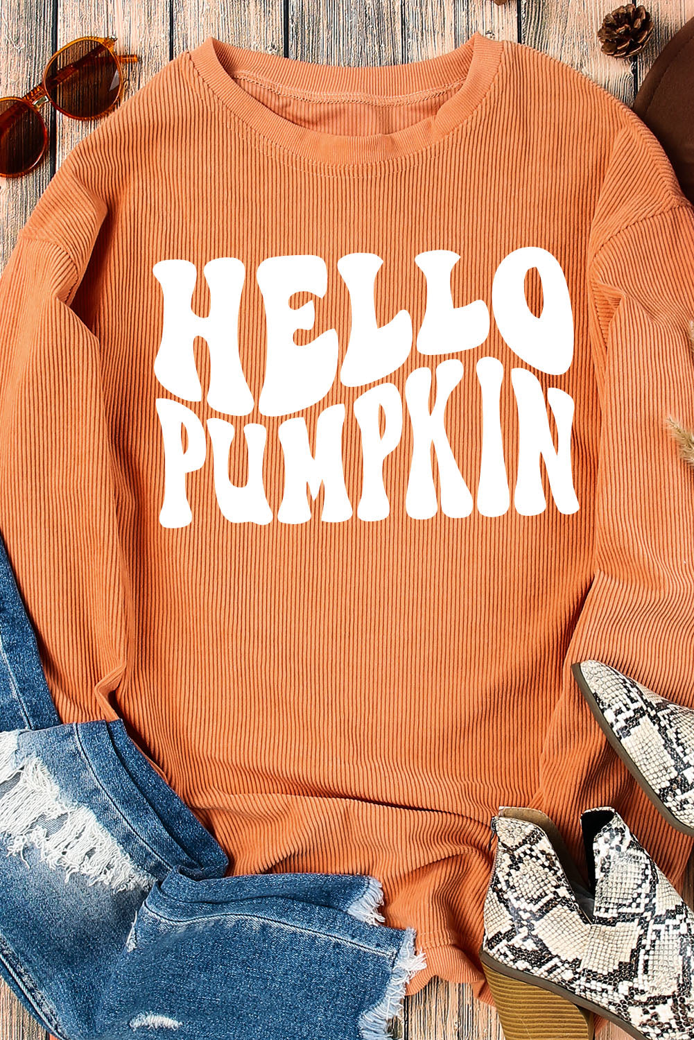 Hello Pumpkin Letter Graphic Corded Sweatshirt | Orange