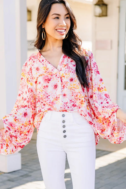 Ditsy Floral Bubble Sleeve V Neck Blouse | Pink