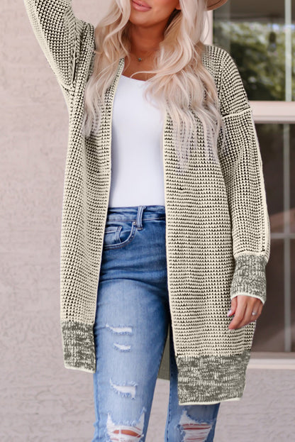 Plaid Knitted Long Open Front Cardigan | Apricot