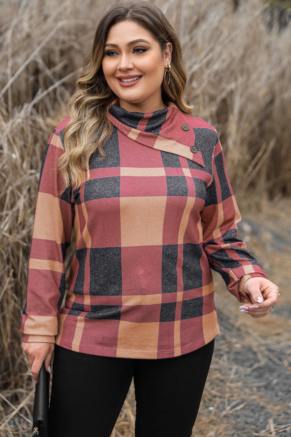 Plus Size Plaid Print Button Decor Asymmetric Neck Top | Mineral Red