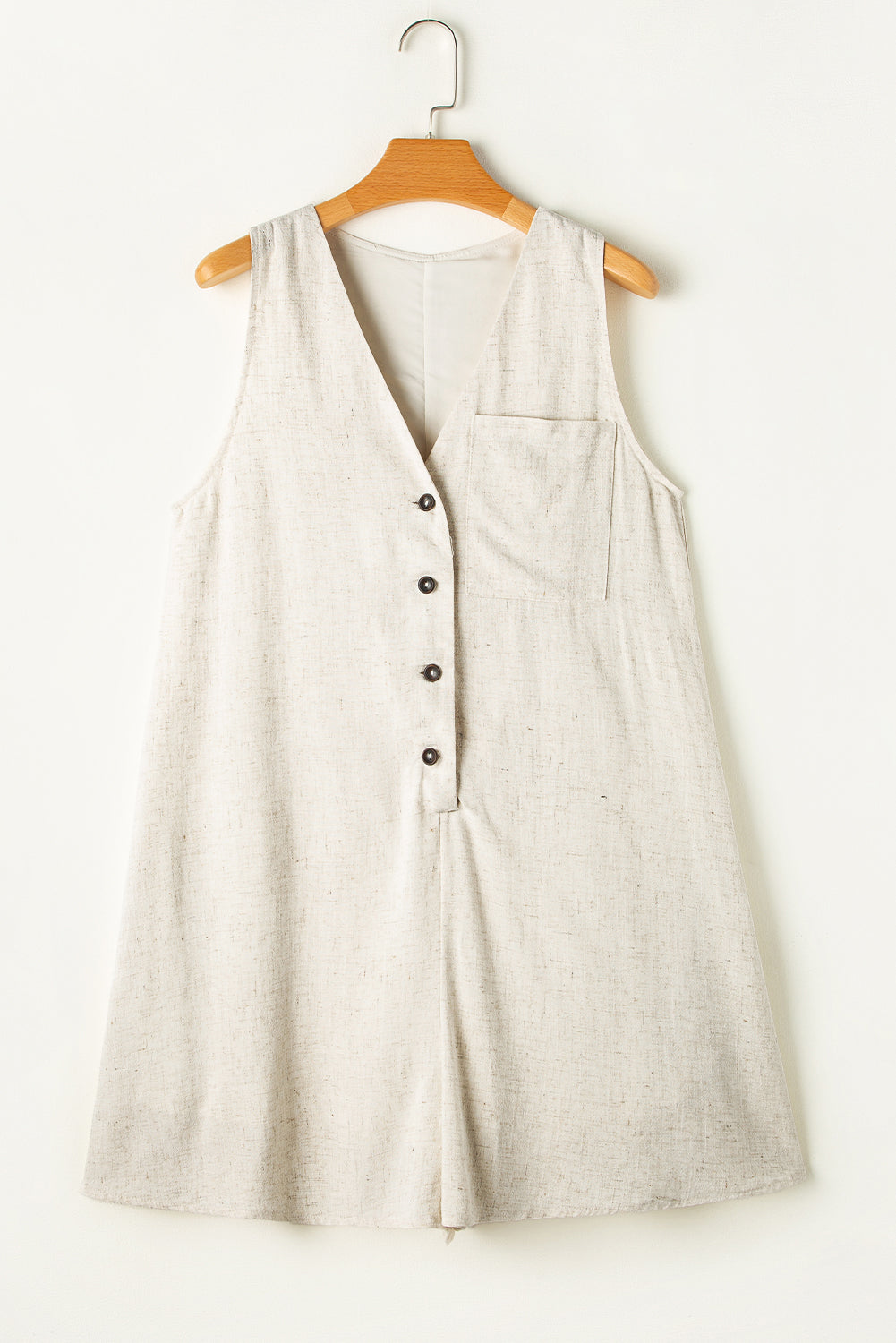 Sleeveless V Neck Buttoned Front Chest Pocket Romper | Beige