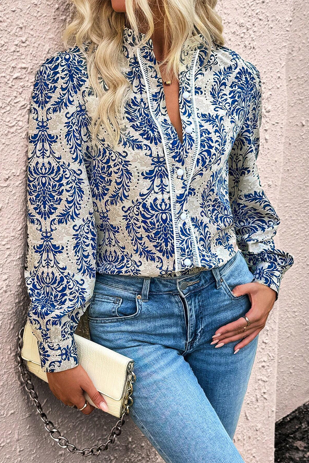 Bohemian Printed Bishop Sleeve Lace Shirt | Sky Blue