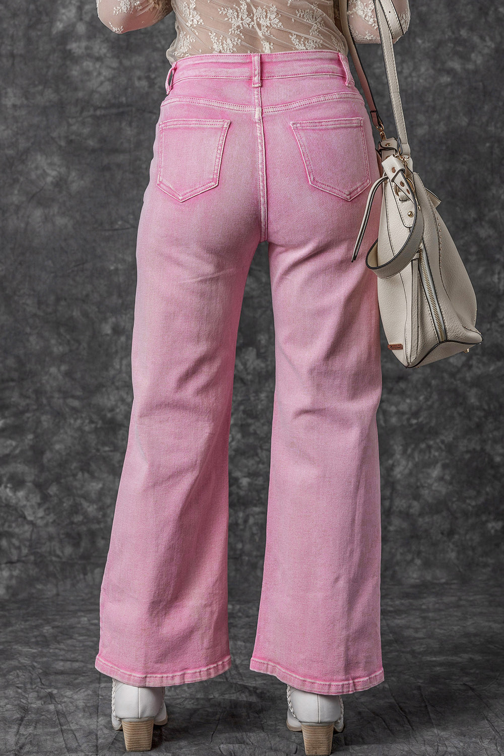 High Waist Rhinestone Cutout Wide Leg Jeans | Pink