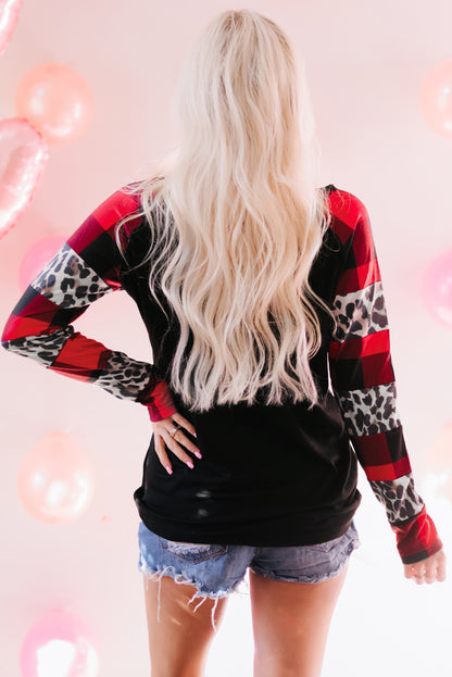 Valentines Heart Print Plaid Leopard Joint Sleeve Blouse | Black