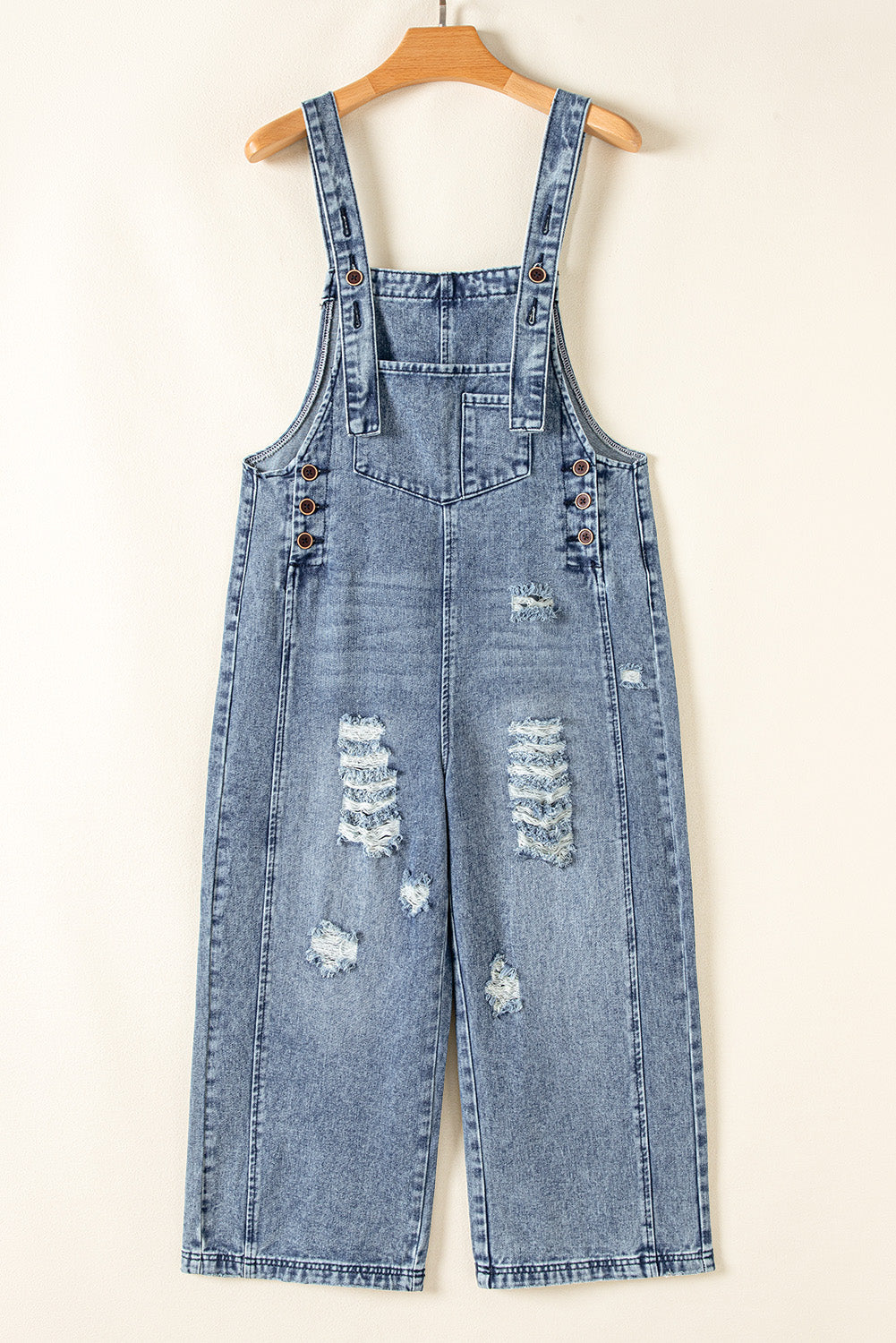 Distressed Bib Pocket Wide Leg Denim Overall | Stone Blue