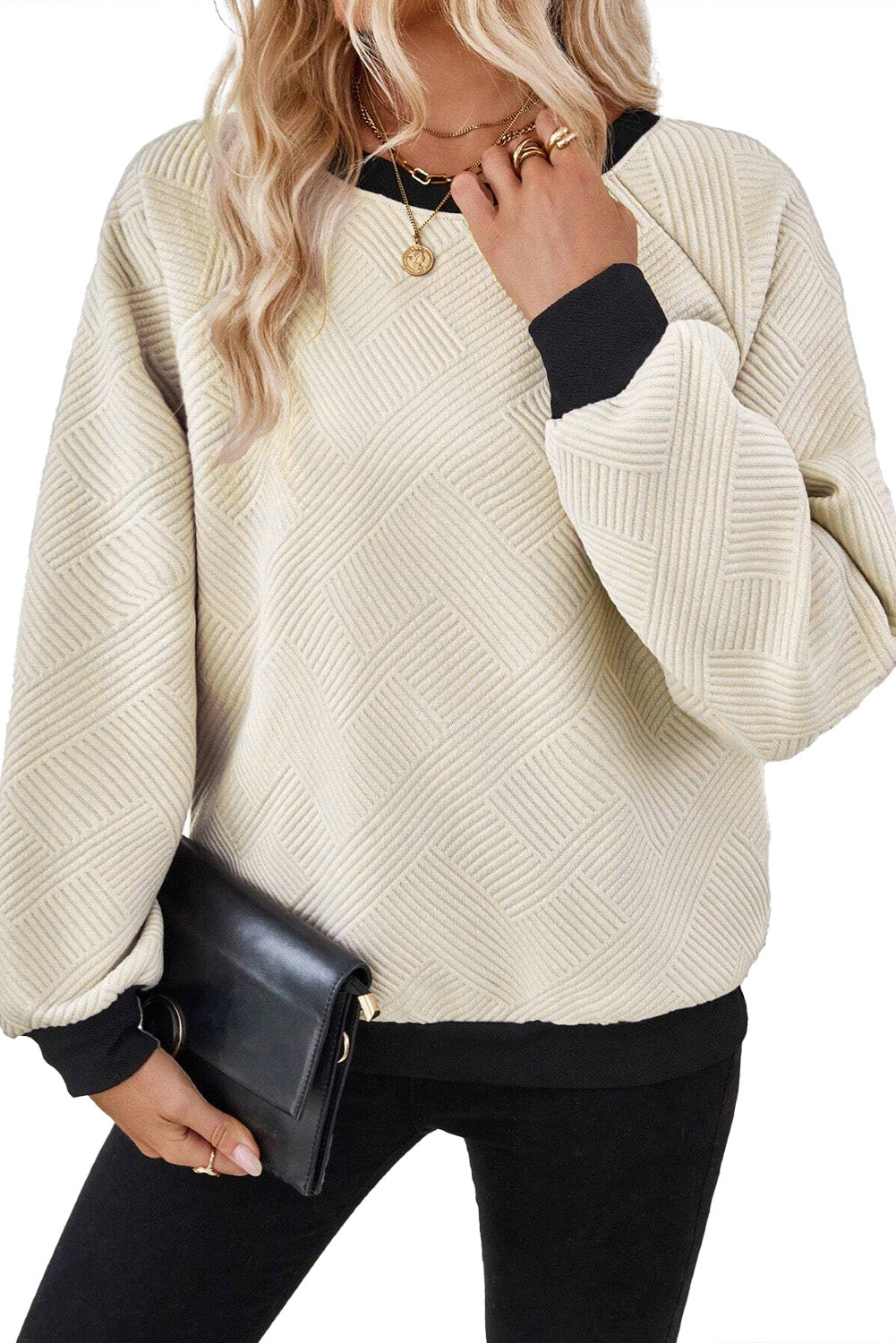 Colour Block Edge Raglan Sleeve Crew Neck Textured Top | Jet Stream