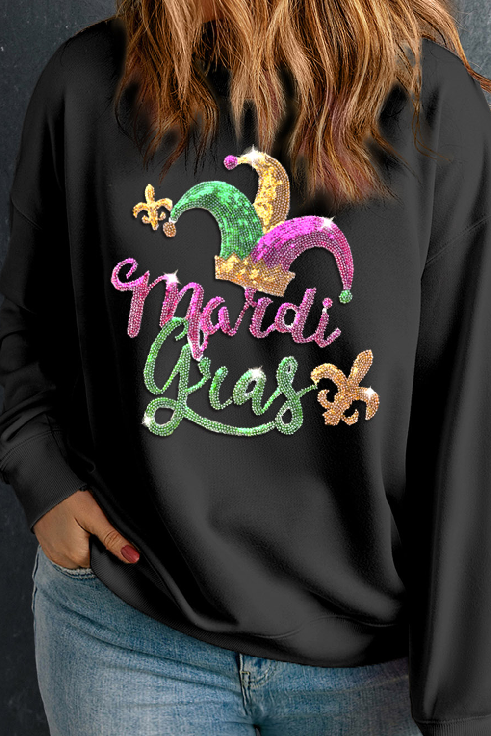 Black Plus Size Mardi Gras Sequined Clown Hat Pattern Sweatshirt