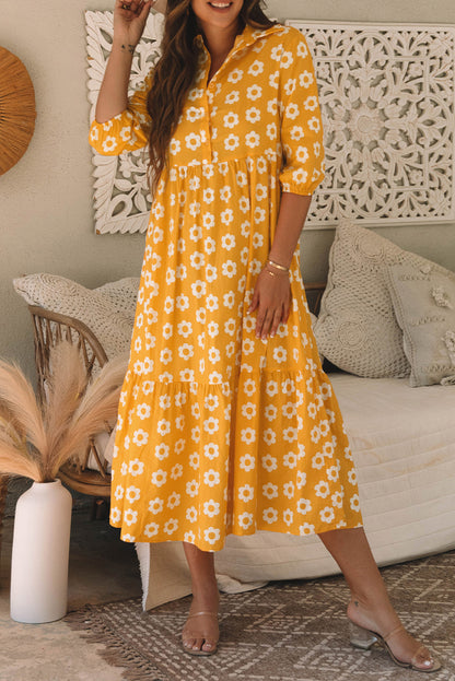 Flower Print Bracelet Sleeve Buttons Collared Maxi Dress | Yellow