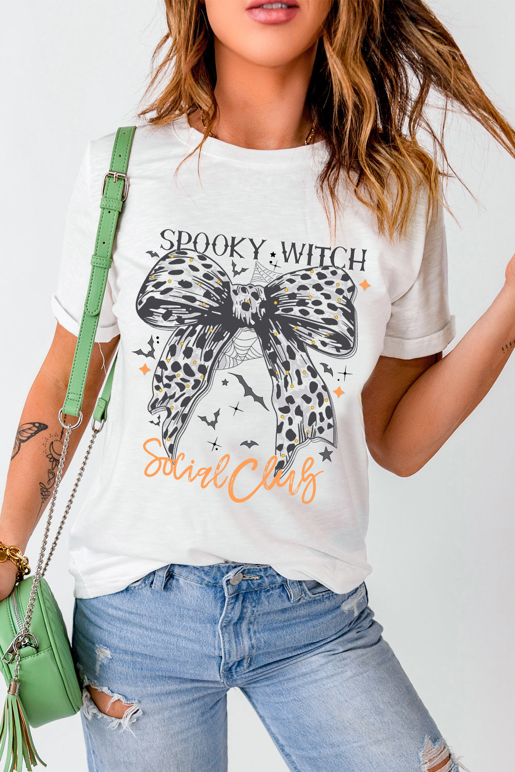 Spooky Witch Leopard Bowknot Bat Graphic Halloween T Shirt | White