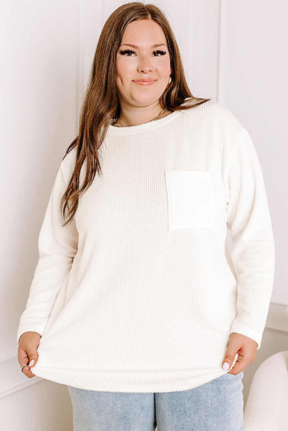 Plus Size Ribbed Textured Long Sleeve T Shirt | White