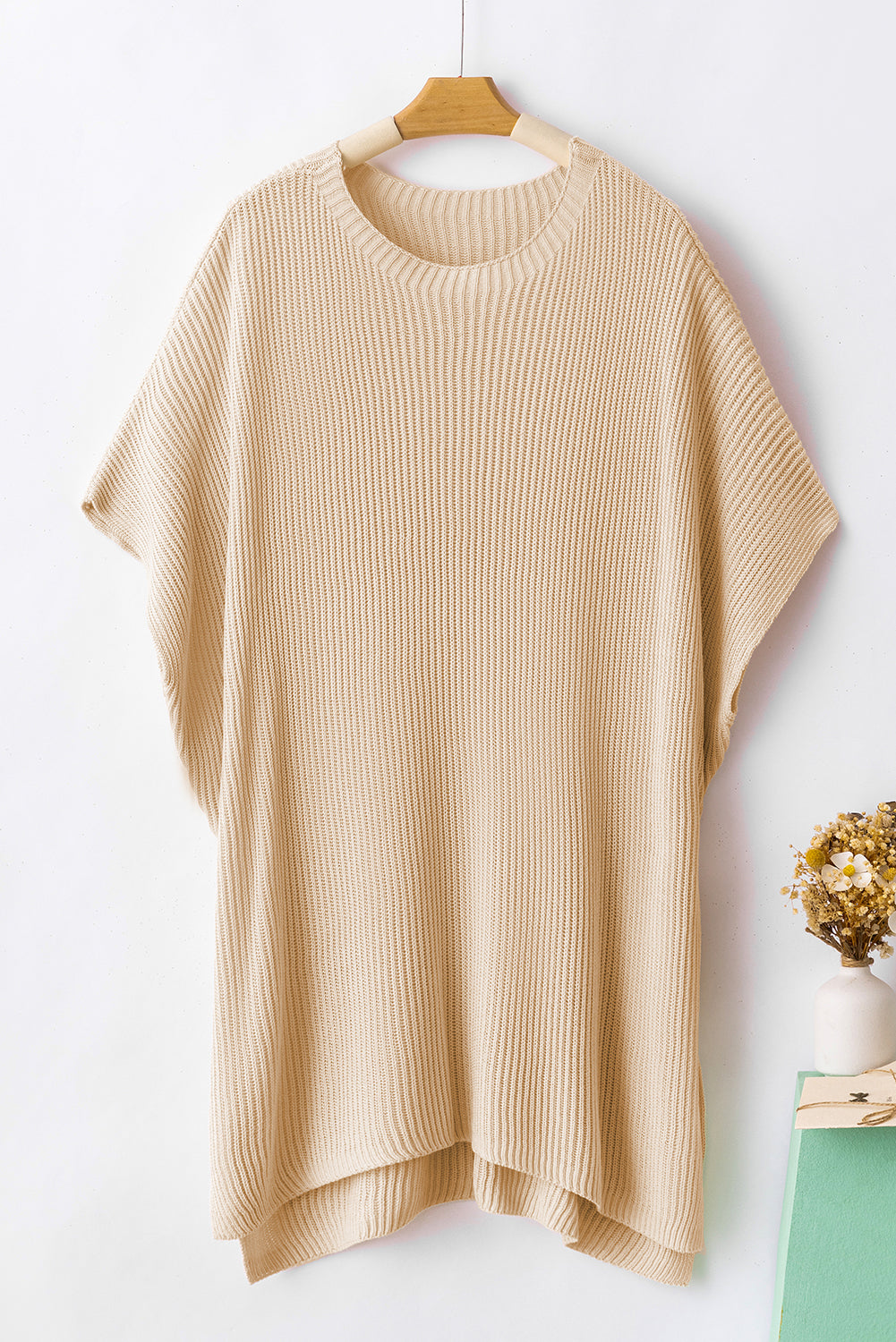 Short Sleeve Side Slit Oversized Sweater | Apricot