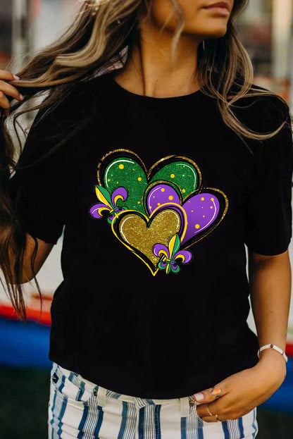 Fleur De Lis Heart Printed Mardi Gras T Shirt | Black