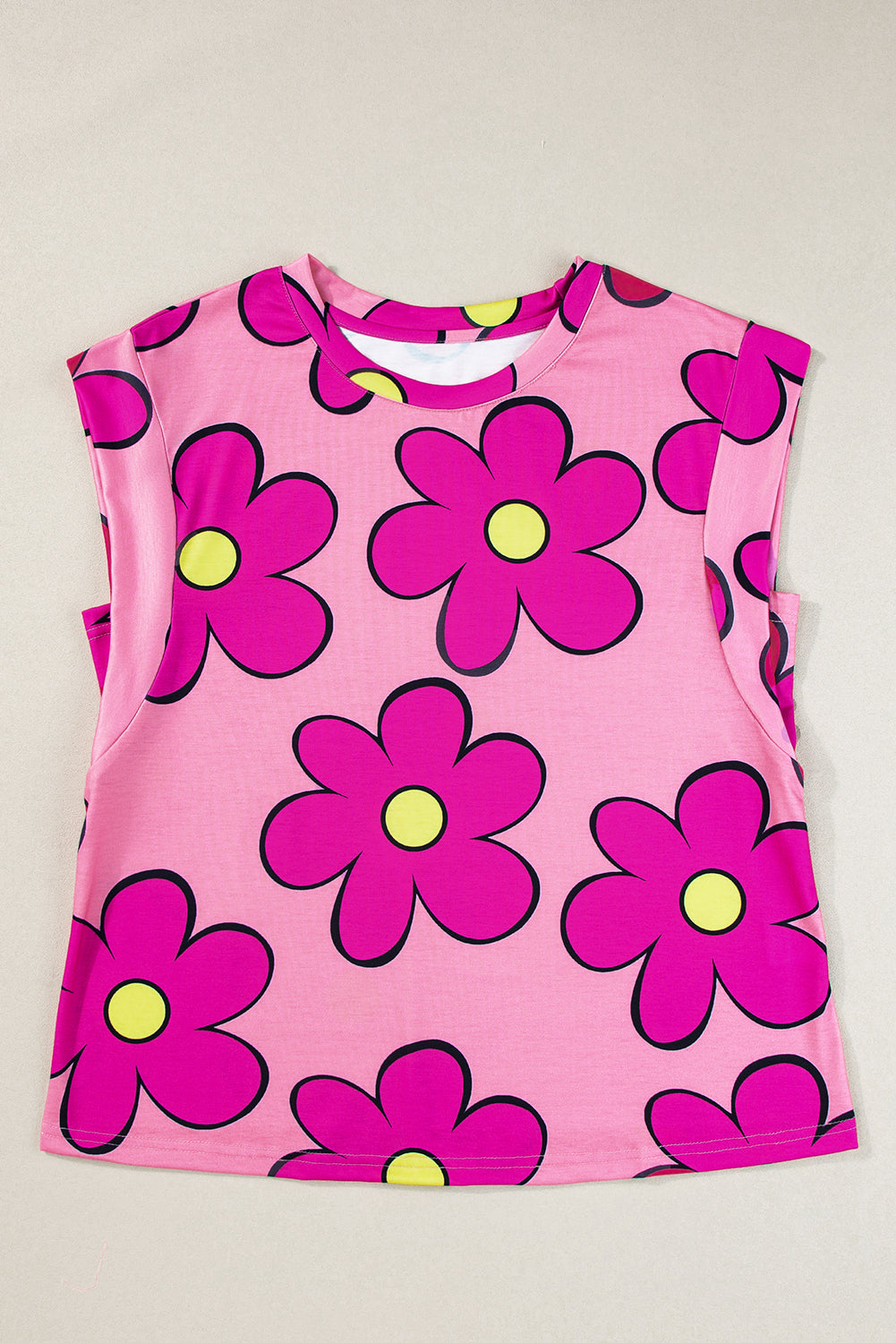 Flower Print Round Neck Cap Sleeve T Shirt | Pink