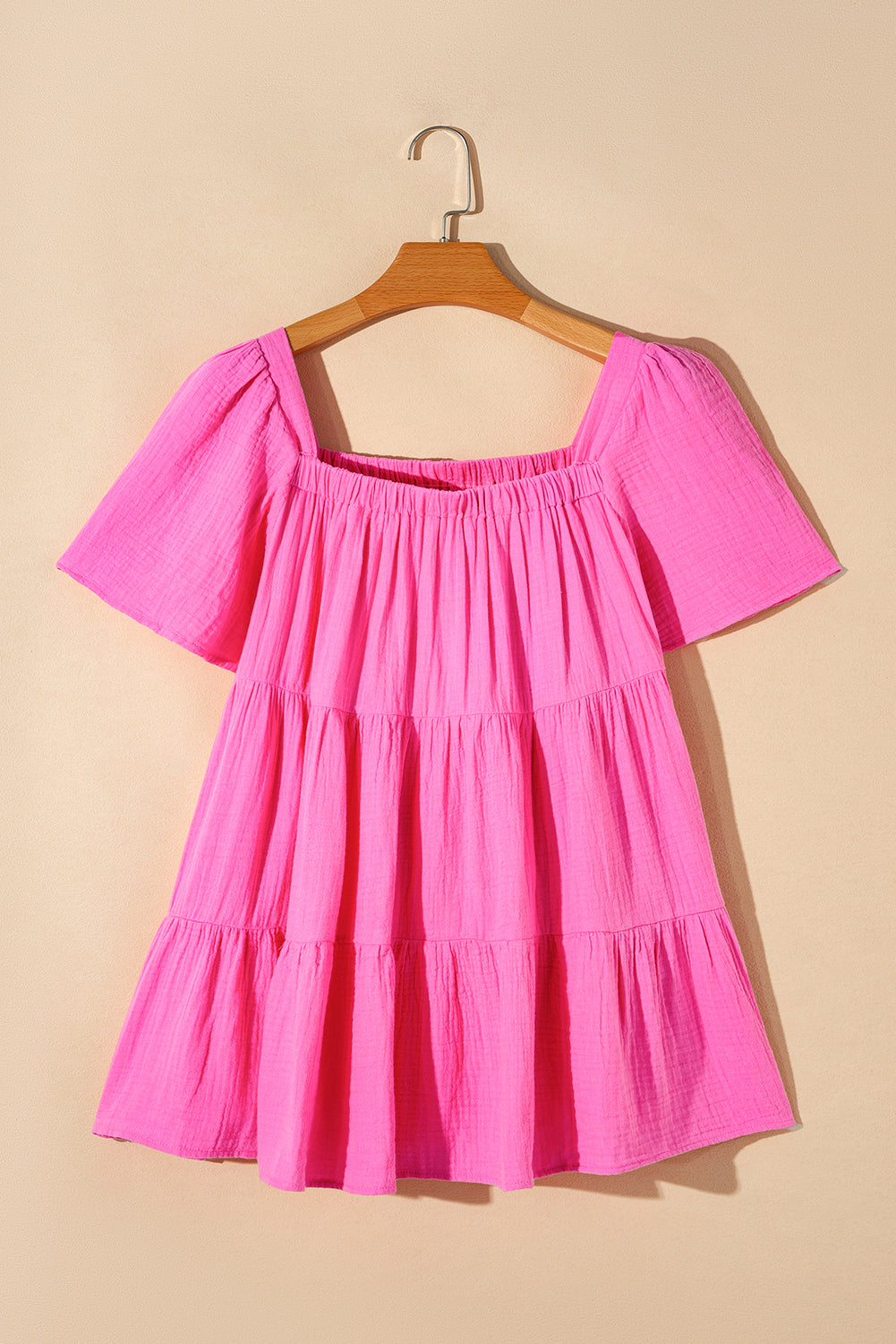 Textured Square Neck Flutter Sleeve Tiered Flowy Blouse | Bright Pink