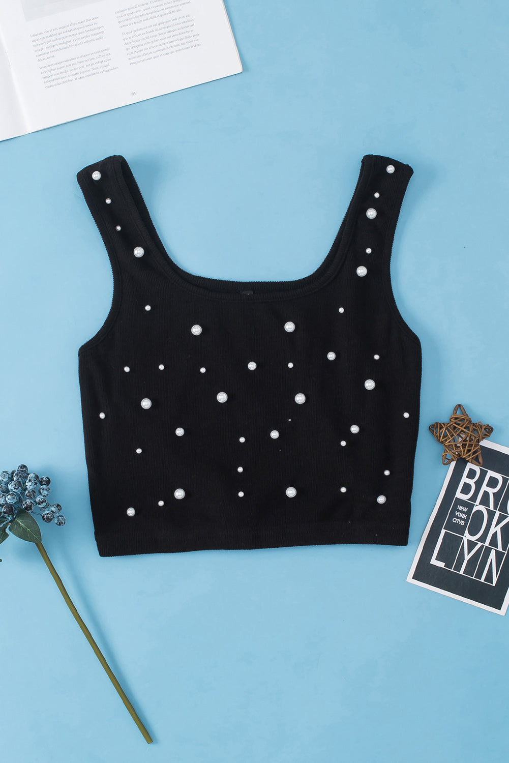 Pearl Decor Square Neck Sleeveless Crop Top | Black