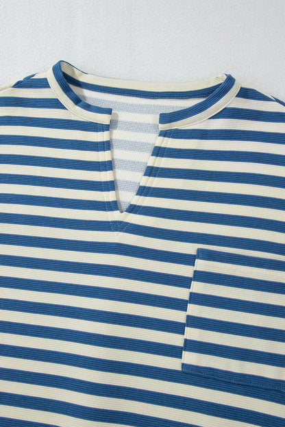 Chest Pocket Buttoned Back Notched V Neck Top | Sky Blue Stripe