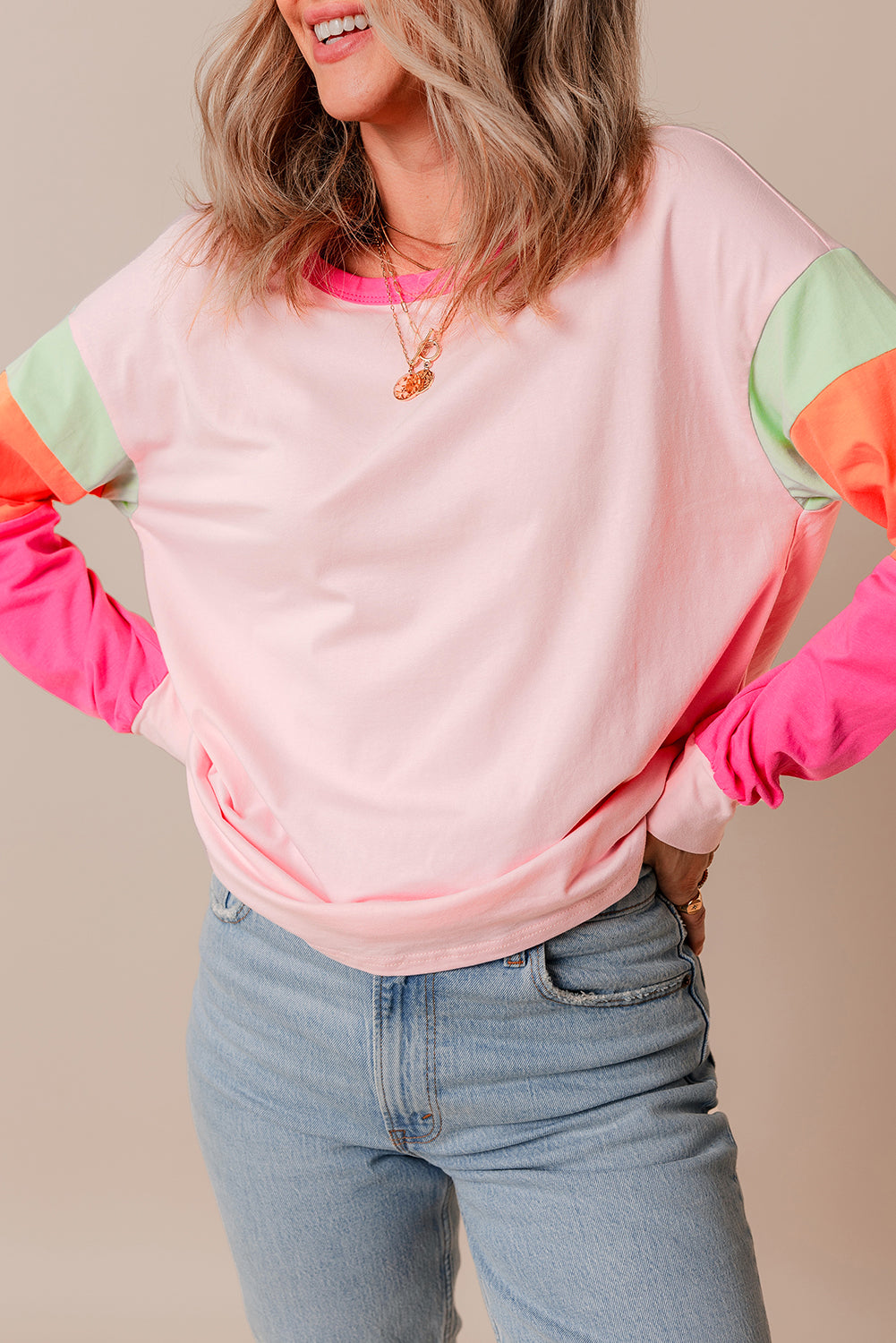 Colourblock Patchwork Long Sleeve Loose Top | Pink