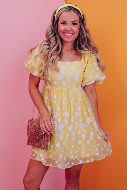 Boho Flower Jacquard Puff Sleeve Square Neck Mini Dress | Yellow