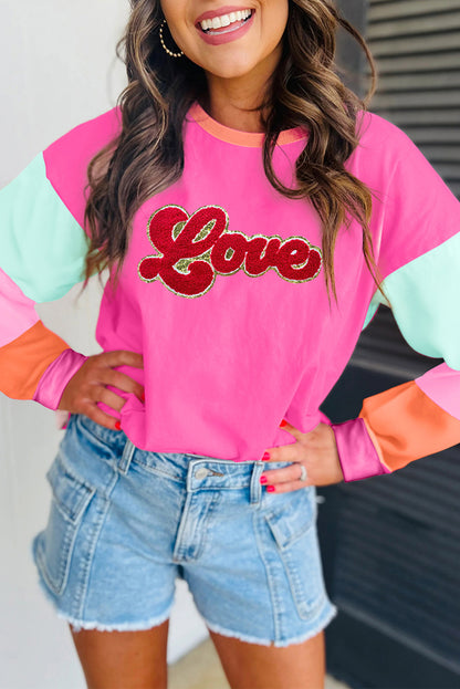 Chenille Love Patched Colourblock Long Sleeve Crewneck Top | Rose Red