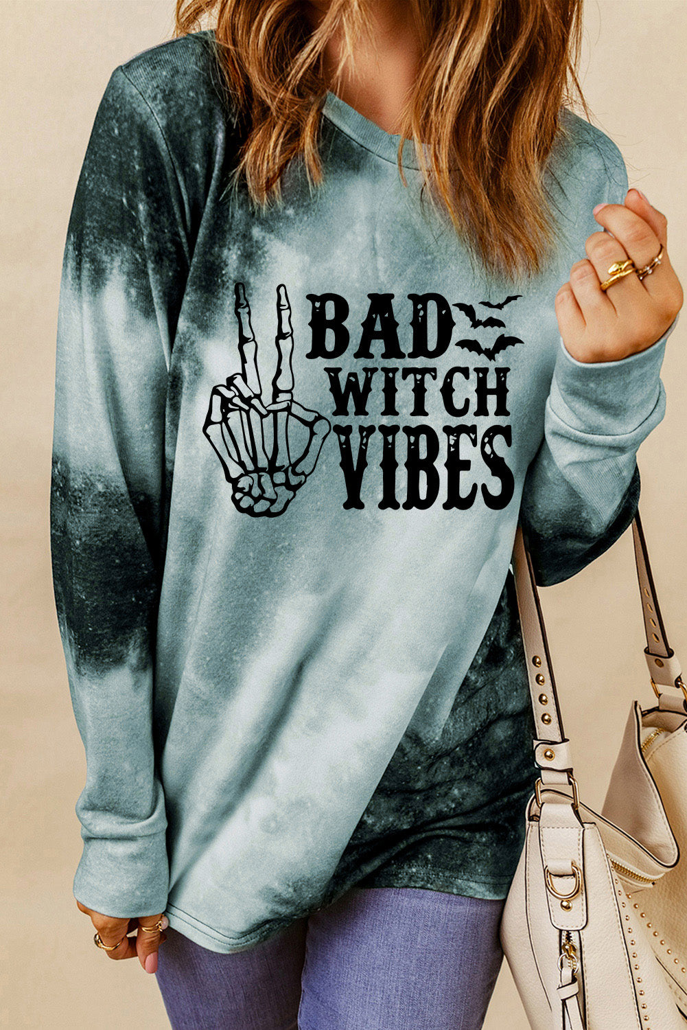 Tie Dye Bad Witch Vibes Graphic Long Sleeve Top | Gray