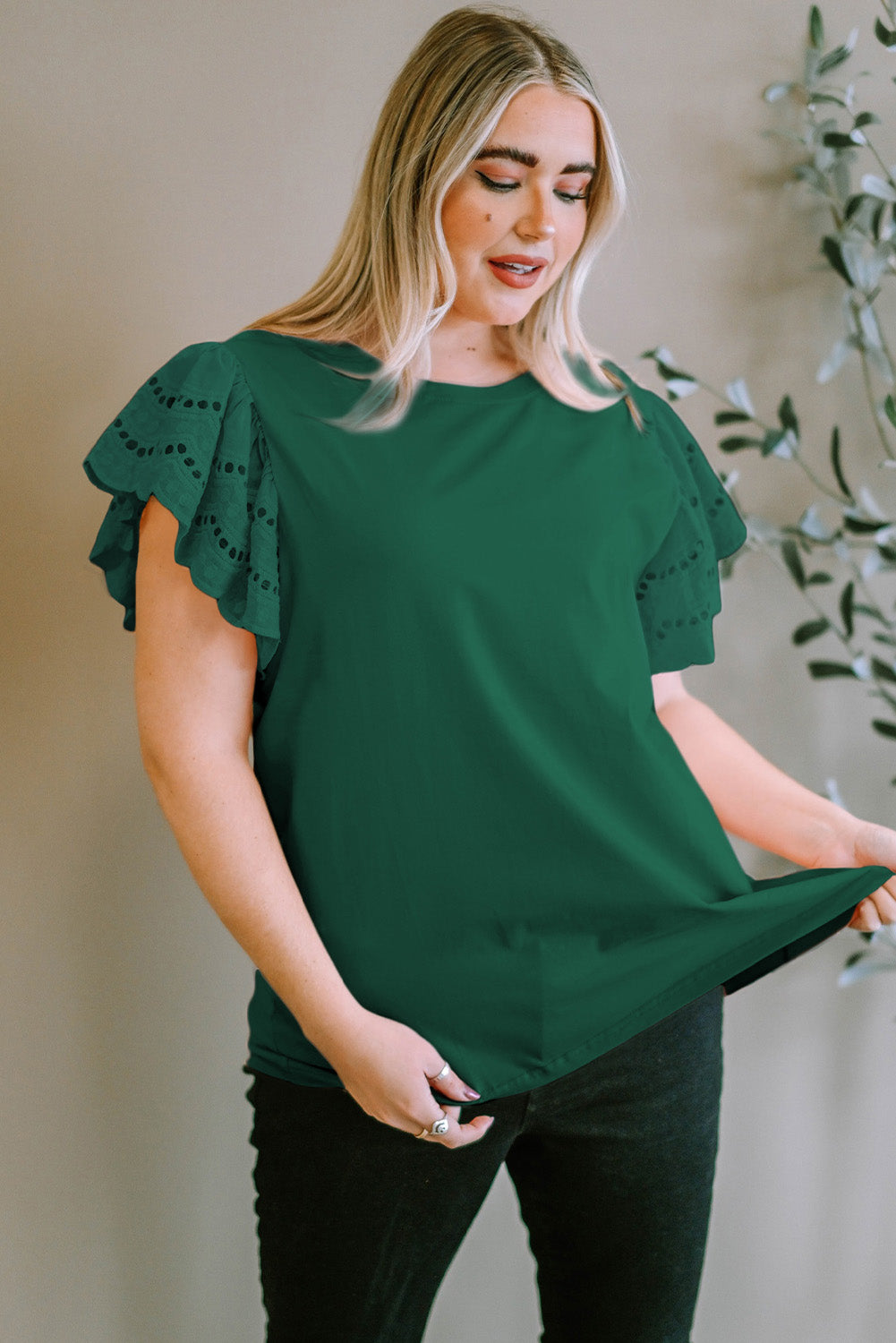 Plus Size Flutter Sleeve Top | Green