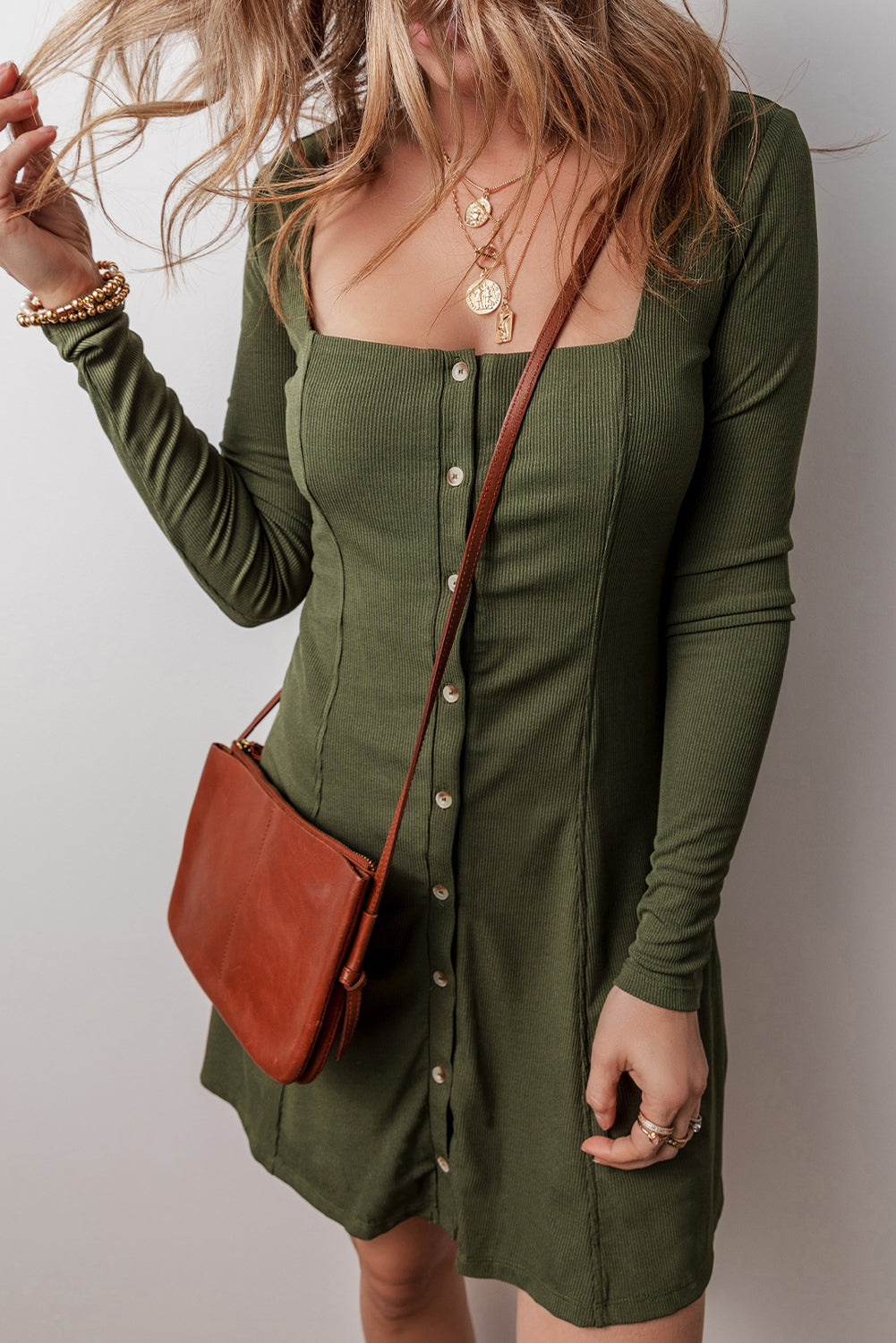 Rib Knit Square Neck Buttoned Long Sleeve Mini Dress | Guacamole Green