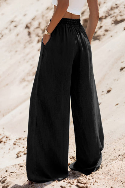 Drawstring High Waist Wide Leg Denim Pants | Black