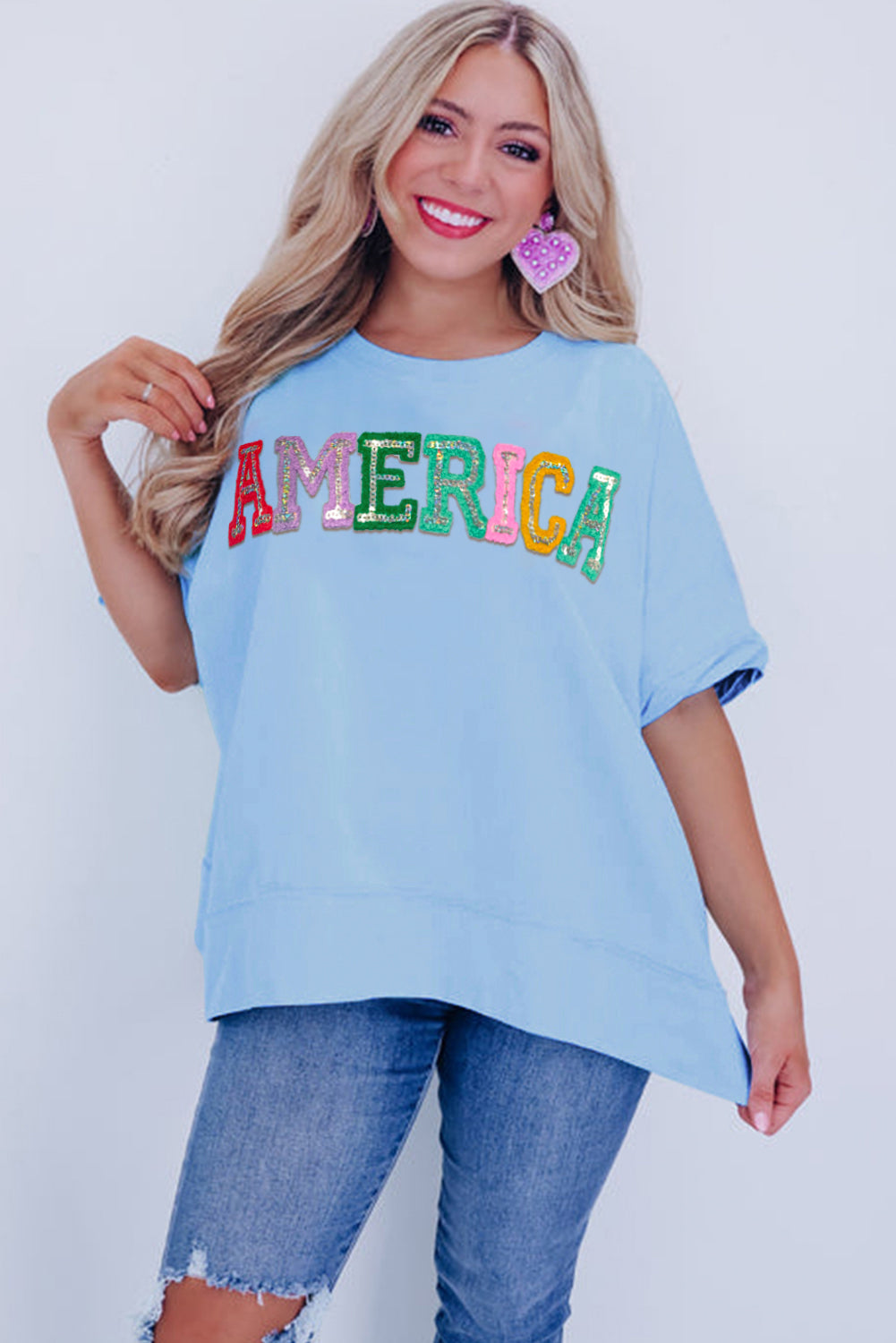 Sparkle America Pastel Embroidered Graphic T-Shirt | Mist Blue