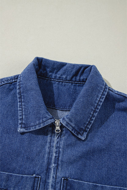 Large Side Pockets Zip-Up Denim Jacket | Sail Blue