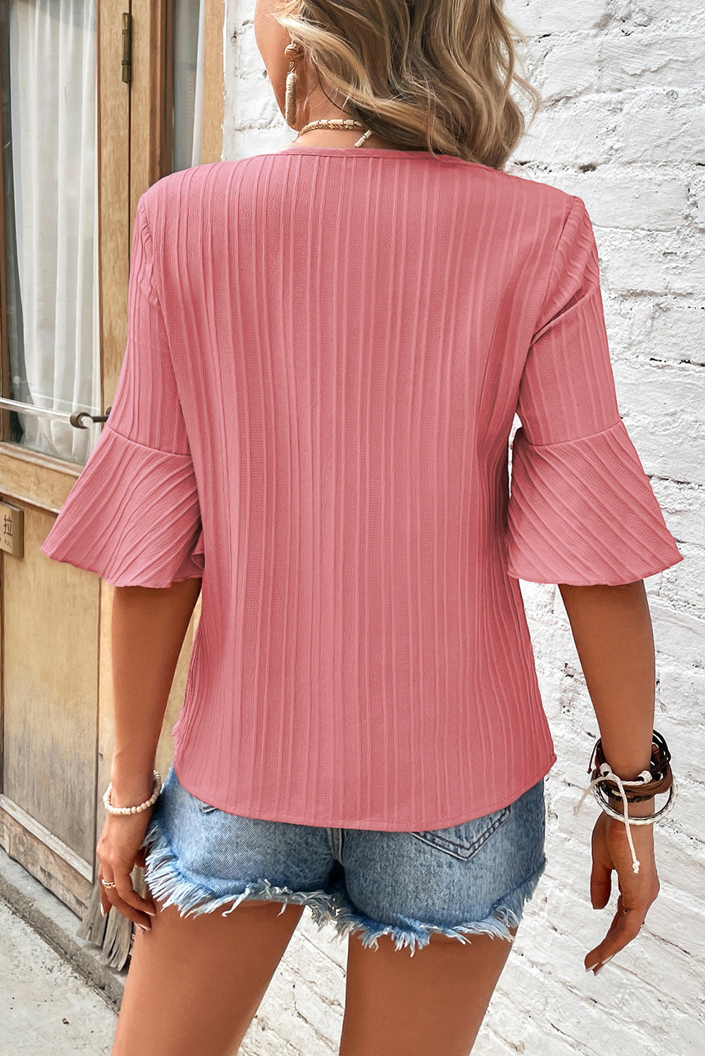 Ruffled Half Sleeve V Neck Textured Top | Peach Blossom